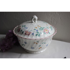 Vintage Churchill Porcelain Lidded Vegetable Serving Dish Pink Blue Flowers Staffordshire England