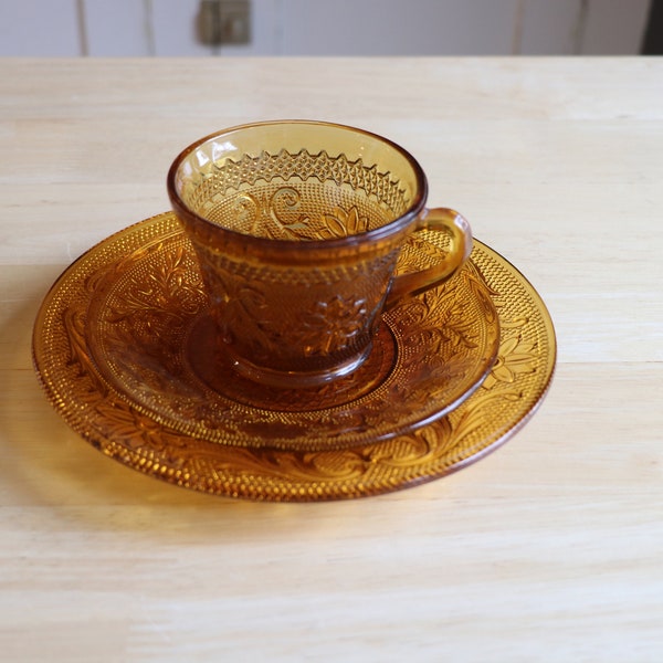 3 Piece Set Vintage Indiana Glass Tiara Golden Amber Sandwich Pattern Tea Coffee Cup Saucer Salad Dessert Plate