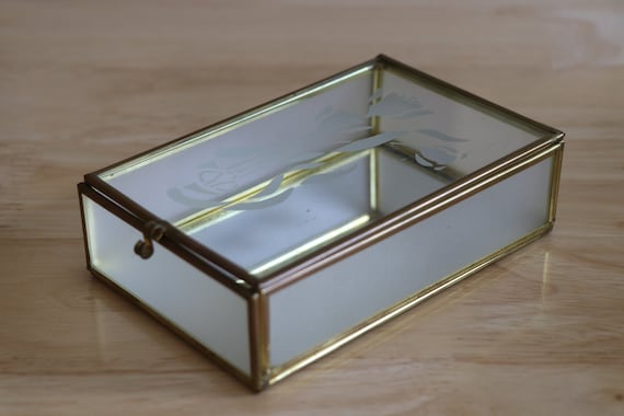 Vintage Brass Glass Rectangular Ring Trinket Dish… - image 1