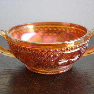 Vintage Marigold Star Medallion Carnival Glass Double Handled Candy Nut Bowl Dish Iridescent Lustre