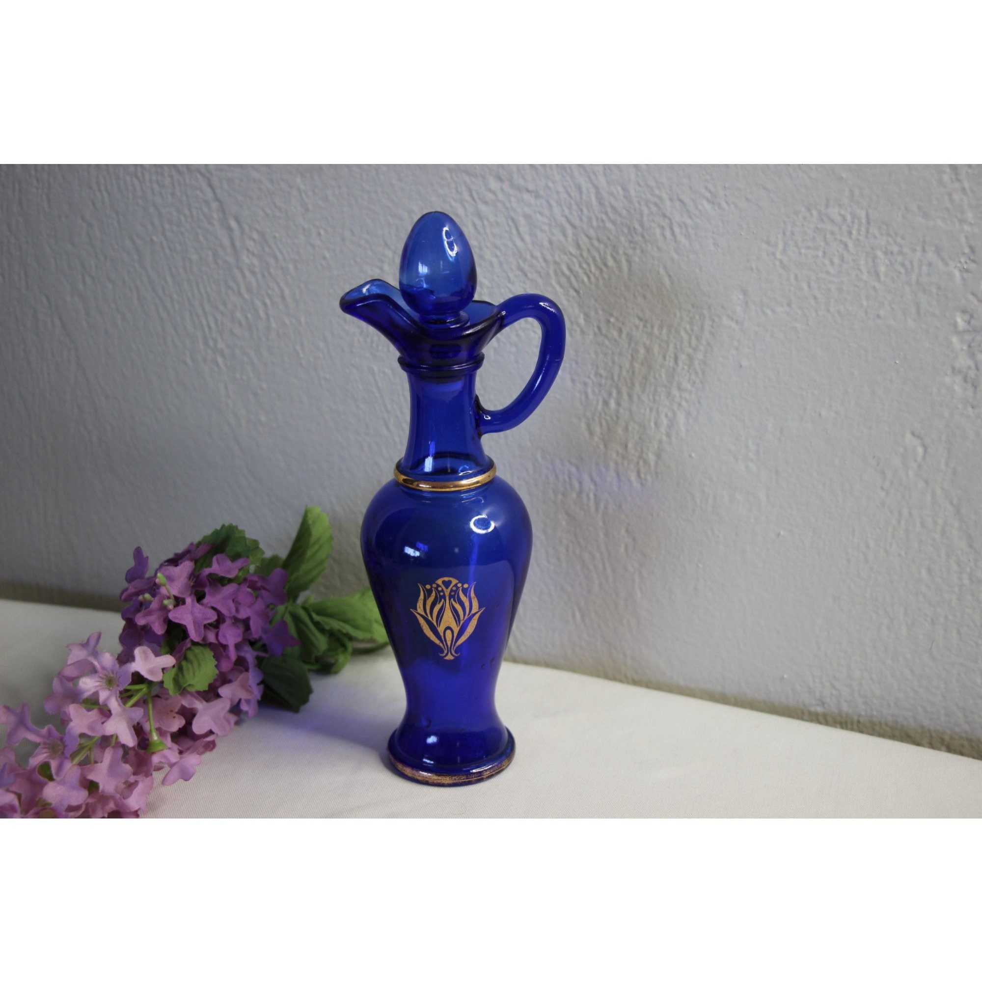 Vintage Avon Cobalt Blue Cruet Gold Accents Decanter with Original