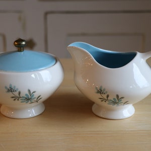 Vintage Edwin Knowles Evening Song Mid Century Modern Creamer Lidded Sugar Bowl Aqua Blue White