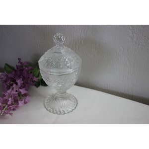 Vintage Clear Glass Pedestal Candy Dish Lidded Grapes Leaves