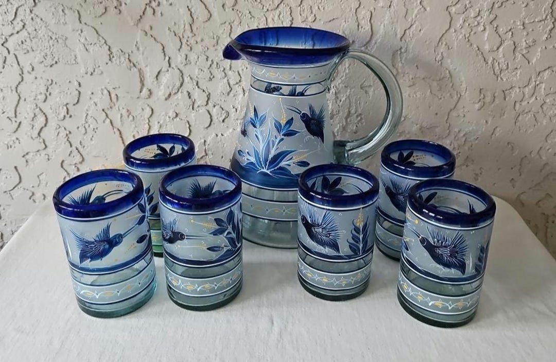 Hummingbird Flower Glass Pitcher & 6 Tumblers Hand Painted in Mexico ...