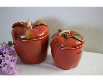 Vintage Set of 2 Apple Canisters Jars Farmhouse Kitchen Mid Century