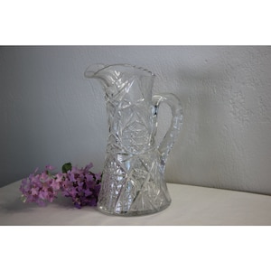 Vintage EAPG Clear Glass Pitcher Hobstar Starburst Pattern