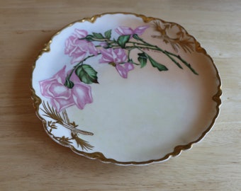 Haviland France Limoges Porcelain Charger Plate Platter Pink Rose Artist Signed Carter Gold Rim