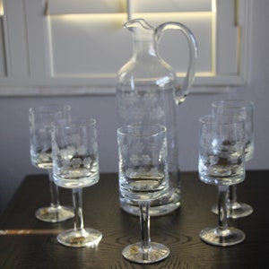 6 Piece Vintage Import Accessories Decanter and 5 Glasses Set Etched Glass Drinkware Barware Liquor