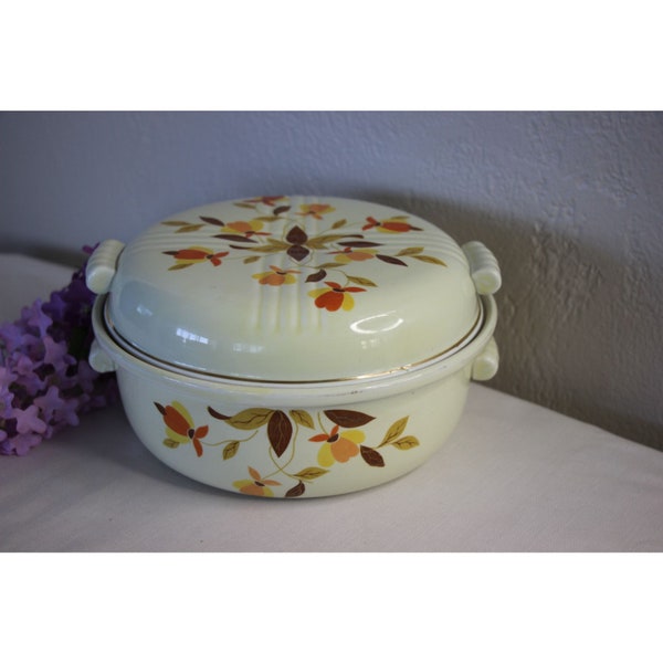 Vintage Hall's Superior Stoneware Baking Casserole Dish with Lid Autumn Leaf Jewel