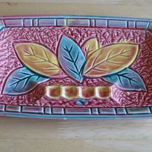 Vintage Japan Pottery Ashtray Pink Yellow Blue Leaves Mid Century Modern SEE DESCRIPTION