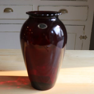 Vintage Anchor Hocking Royal Ruby Red Flower Vase with Scalloped Edge