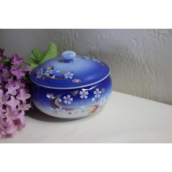 Vintage Cobalt Blue Flowers Lidded Trinket Ring J… - image 1