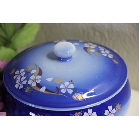 Vintage Cobalt Blue Flowers Lidded Trinket Ring J… - image 3