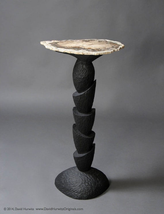 Sculptural Modern Side Table – Petrified Wood Top, Carved and Painted Wood Base