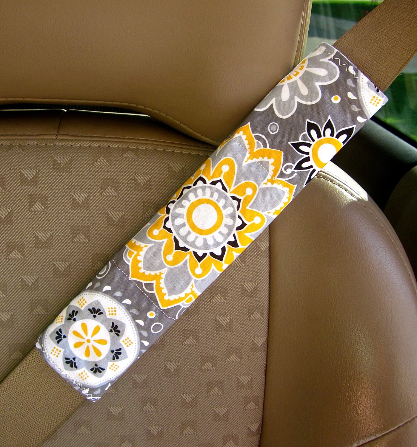 Seat Belt Strap Cover Grey White and Yellow Flowers With Etsy