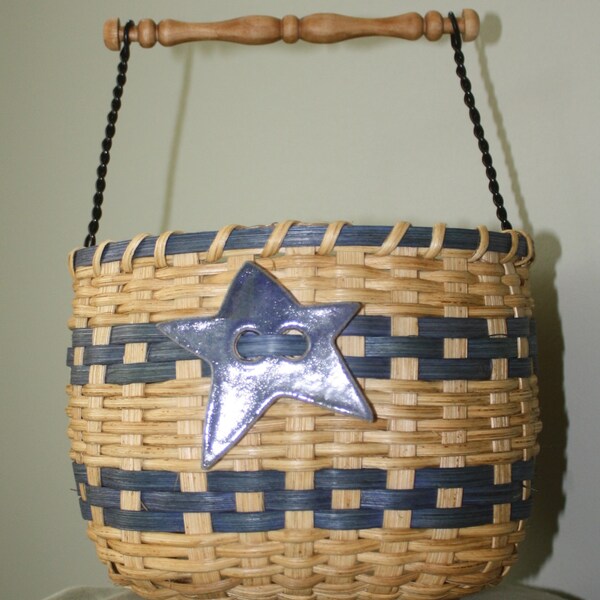 Hand woven basket with Wood Handle, wood base,ceramic Star royal weaver and warm light oak stain