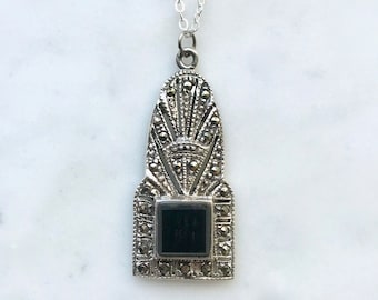 Vintage Sterling Silver Art Deco Necklace | Black Onyx & Marcasite Pendant
