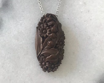 Vintage Carved Lily of the Valley Necklace | Art Nouveau Brown Plastic Pendant