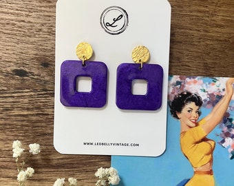 Purple Square Earrings | Purple Pearl Square Earrings | Vintage Style | Resin Earrings | LSU Jewelry | LSU Earrings | Mardi Gras Jewelry