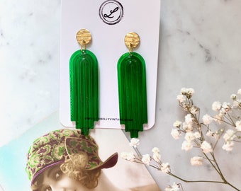Art-Deco-Ohrringe in Grün und Gold | Art-Deco-Ohrringe | Geometrische Ohrringe | Vintage-Stil | Harzohrringe