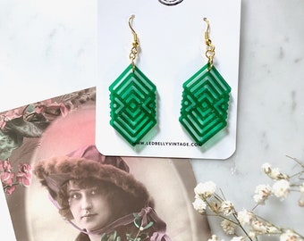 Art Deco Green and Gold Earrings | Art Deco Earrings | Geometric Earrings | Vintage Style | Resin Earrings