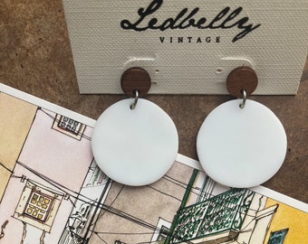 Beautiful White Stained Glass and Wood Earrings | Stained Glass Earrings | Vintage Style Earrings | Circle Earrings | Statement Earrings