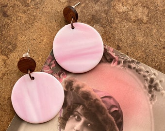 Beautiful Marbled Pink Stained Glass and Wood Earrings | Stained Glass Earrings | Vintage Style Earrings | Circle Earrings