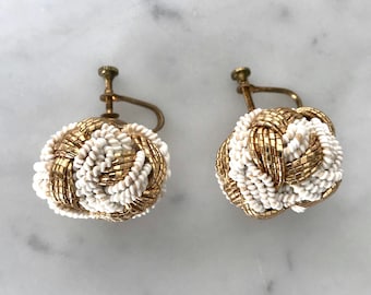 Vintage 1960-70's White and Gold Earrings | Vintage Earrings | Bead Style Earrings | Vintage Screw Back Earrings | Evening Earrings