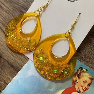 Yellow Glitter Tear Drop Earrings Yellow Earrings Glitter Earrings Tear Drop Earrings Vintage Style Resin Earrings image 4