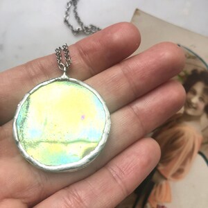 Yellow Opal Iridescent Round Stained Glass Necklace Stained Glass Jewelry Stained Glass Geometric Necklace Minimalist Necklace image 3