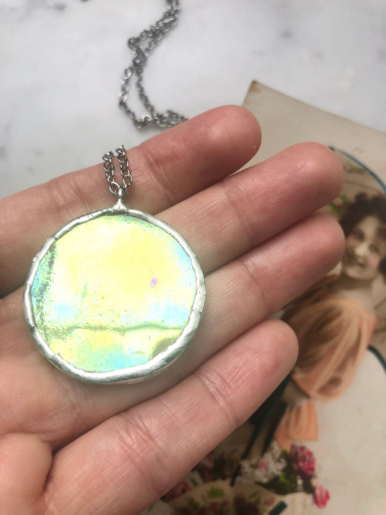 Yellow Opal Iridescent Round Stained Glass Necklace Stained Glass Jewelry Stained Glass Geometric Necklace Minimalist Necklace image 3