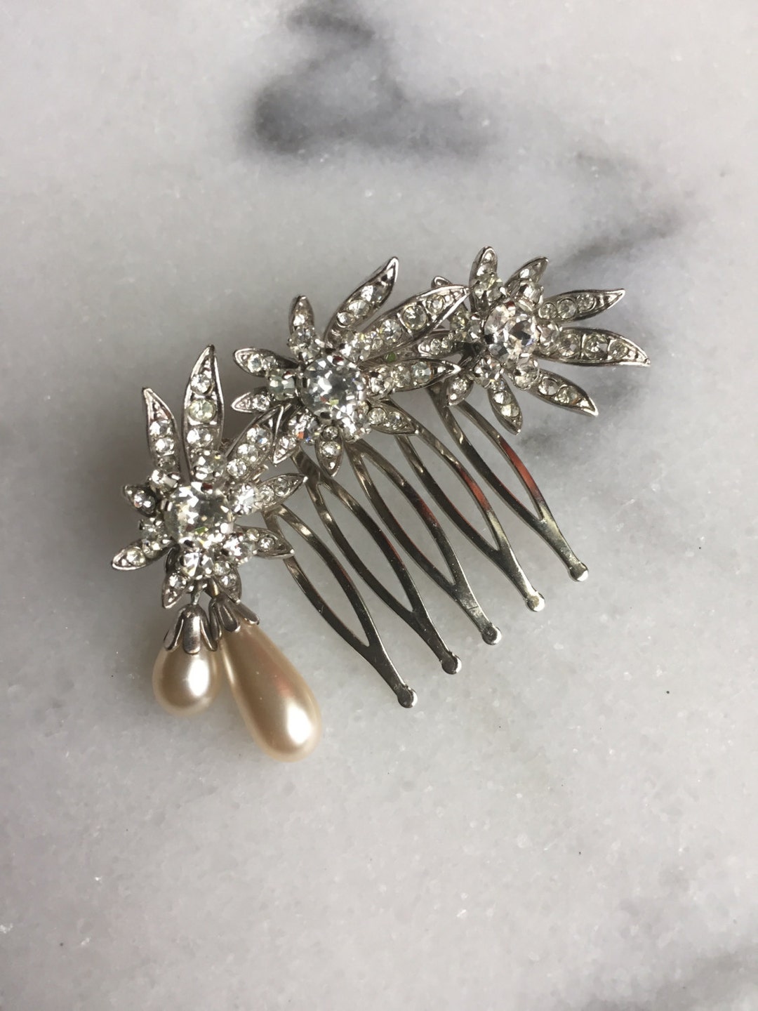 Rhinestone Vintage Brooch Hair Comb | Bridal Comb | Faux Pearls ...