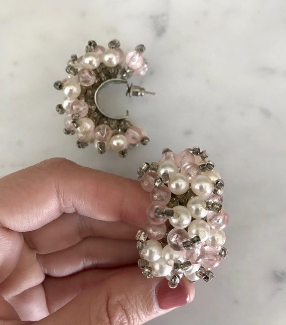 Vintage 1970's Pink and Faux Pearl Beaded Earring… - image 2