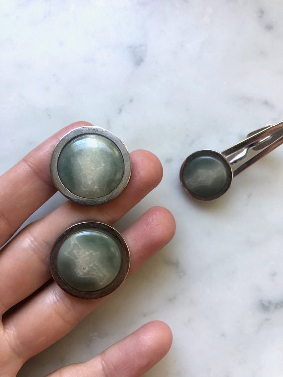 Vintage Pioneer Silver-tone and Marbled Green and… - image 1