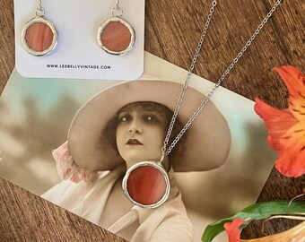 Iridescent Stained Glass Jewelry Set | Red-Orange Necklace & Earrings