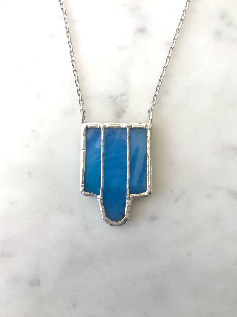 Art Deco Blue Stained Glass Necklace Stained Glass Jewelry Stained Glass Art Deco Necklace Vintage Necklace Vintage Glass image 3