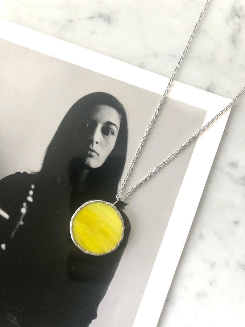 Yellow Stained Glass Pendant Necklace Stained Glass Jewelry Stained Glass Geometric Necklace Minimalist Necklace Vintage Style image 3