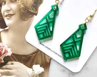 Art Deco Diamond Shaped Green and Gold Earrings | Art Deco Earrings | Geometric Earrings | Vintage Style | Resin Earrings