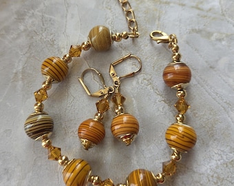 Swarovski crystal gold and glass bracelet earrings adjustable bracelet set