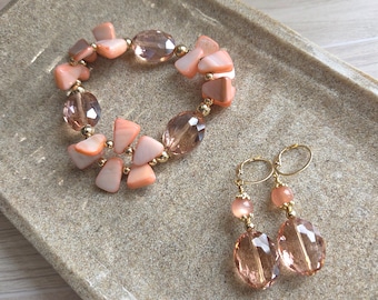 Peach Mother of Pearl Glass Stretch Bracelet and Earring Set, 18k Gold Plated Ear wires
