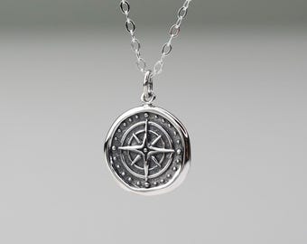 Sterling Silver Compass Necklace: Wax Seal Travel Charm