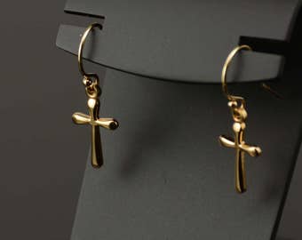 Tiny gold cross earrings. Small gold cross earrings. Gold filled cross earrings
