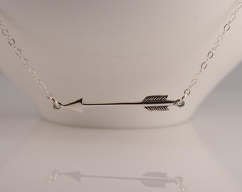 Arrow necklace. Sideway arrow necklace. Sterling silver arrow necklace