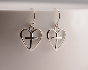 Silver cross heart earrings. Heart cross earrings. Heart earrings. Sterling silver heart cross earrings