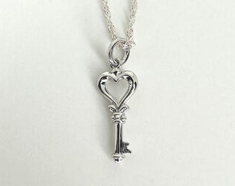 Sterling Silver Heart Key Necklace: Simple Silver Pendant