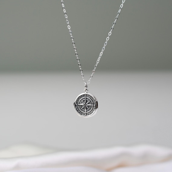 Sterling Silver Compass Necklace: Wax Seal Travel Charm