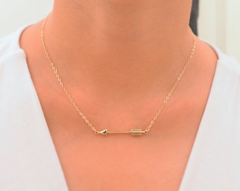 Bronze Sideways Arrow Necklace: 14K Gold Filled Chain