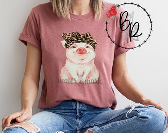 Girl's Pig T-shirt: Cheetah Bandana, Casual Tee, Matching Adult Available