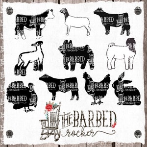 May include: Black and white silhouette images of various farm animals, including a cow, pig, goat, chicken, rabbit, and turkey. The text "The Barbed Rocker" is written in a decorative font at the bottom of the image.
