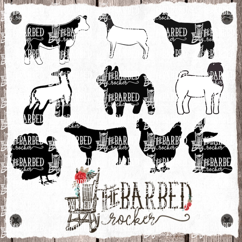 May include: Black and white silhouette images of various farm animals, including a cow, pig, goat, chicken, rabbit, and turkey. The text "The Barbed Rocker" is written in a decorative font at the bottom of the image.